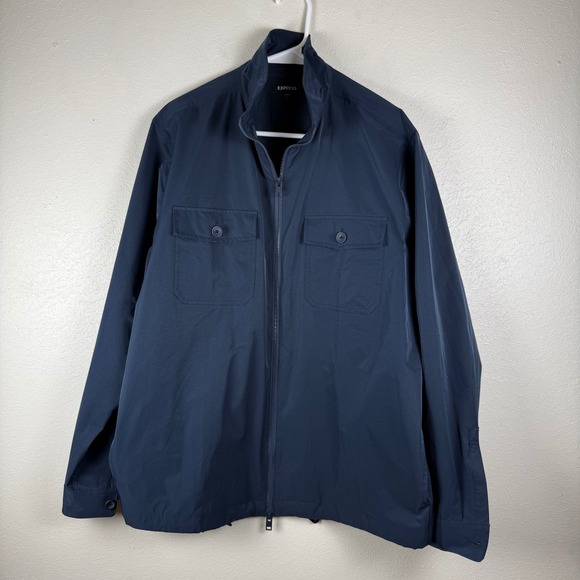 Express Other - Express Mens Navy‎ Blue Full Zip Windbreaker Jacket L Chest Pockets